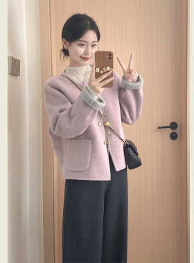 温柔风紫色减龄毛呢外套女秋冬小个子韩系慵懒风短款呢子大衣