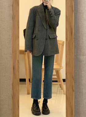 韩系赫本风灰色西装呢子大衣秋冬装高级感小个子短款毛呢外套女