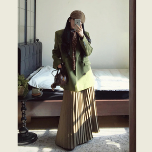 港风休闲复古绿色西装 设计感小众宽松显瘦呢子上衣 毛呢外套女冬季