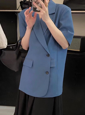高级感雾霾蓝色小个子短袖西装外套女夏季宽松薄款休闲西服
