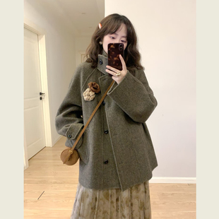 复古咖绿色单排扣毛呢外套女秋冬季 宽松百搭呢子大衣 小个子中长款