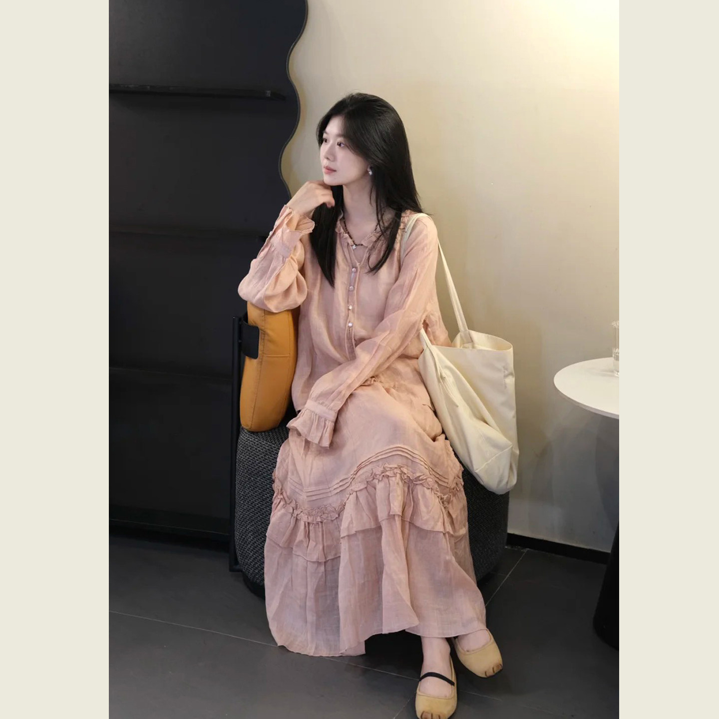 韩系慵懒风休闲套装女春夏甜美减龄粉色长袖衬衫高腰半身裙两件套