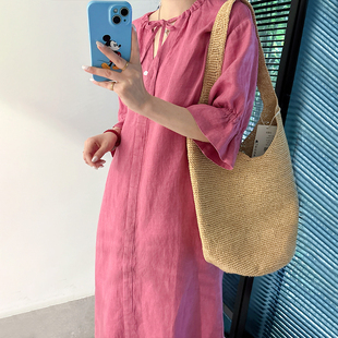 100%纯亚麻V领系带连衣裙女夏宽松七分泡泡袖夏日度假连衣裙