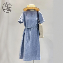 2024新款长裙收腰小立领亚麻法式蓝色条纹连衣裙女短袖夏季中长款