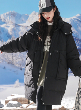 女大童冬款羽绒服骄骄虎2024新款初中生中长款连帽韩版外套潮J801