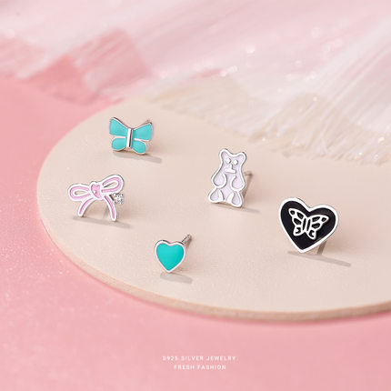 滴胶可爱耳钉女s925纯银韩版设计感爱心蝴蝶结小熊甜美耳饰批发