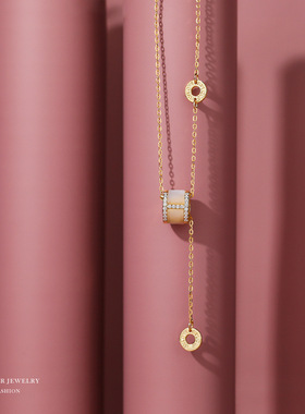 纯银小蛮腰项链女韩版简约几何流苏镶钻吊坠轻奢气质猫眼石锁骨链