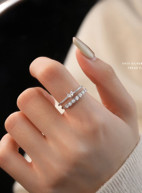s925纯银法式锆钻戒指女叠戴款时尚轻奢爱心排钻开口指环礼物批发