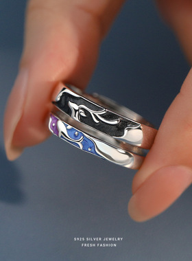 鲸鹿情侣戒指s925纯银国风闪粉滴胶珐琅对接时尚百搭可调节指环