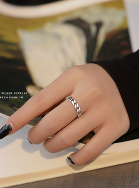 s925纯银泰银麻花链链条戒指女时尚做旧小众个性设计可调节开口戒