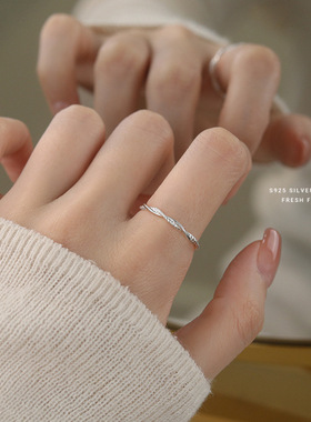 韩版时尚开口戒指女s925纯银小众冷淡风简约麻花指环ins首饰批发