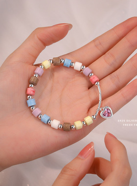 s925纯银七彩石头爱心手链甜酷彩虹小清新可爱甜美设计感圆珠串珠