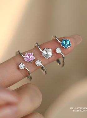 S925纯银彩色水钻花朵戒指女小众设计感时尚森系小清新开口食指戒