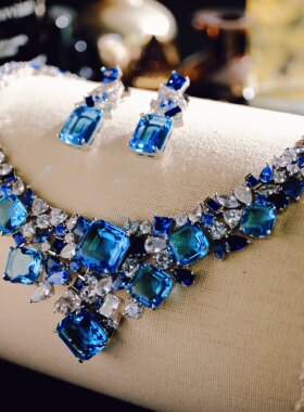 法式奢华重工海蓝宝冰糖晚宴礼服项链新娘婚礼锁骨链大气蓝色复古