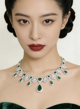 法式复古祖母绿锆石新娘锁骨链