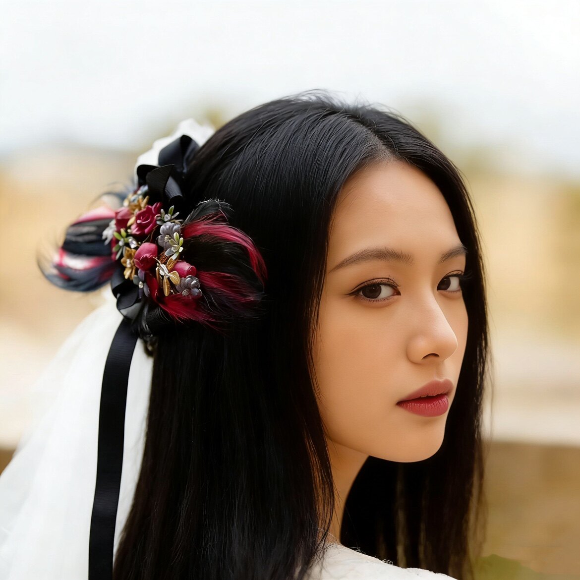 闺蜜羽毛晚礼服情侣高级感发饰新娘头饰婚纱礼服酒红色走秀模特