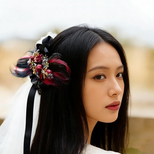 闺蜜羽毛晚礼服情侣高级感发饰新娘头饰婚纱礼服酒红色走秀模特