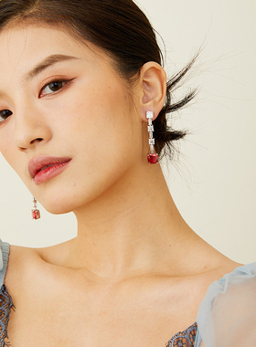 法式轻奢高级感冰花切方钻红色黄粉晚礼服耳饰方圆脸耳环长耳坠女