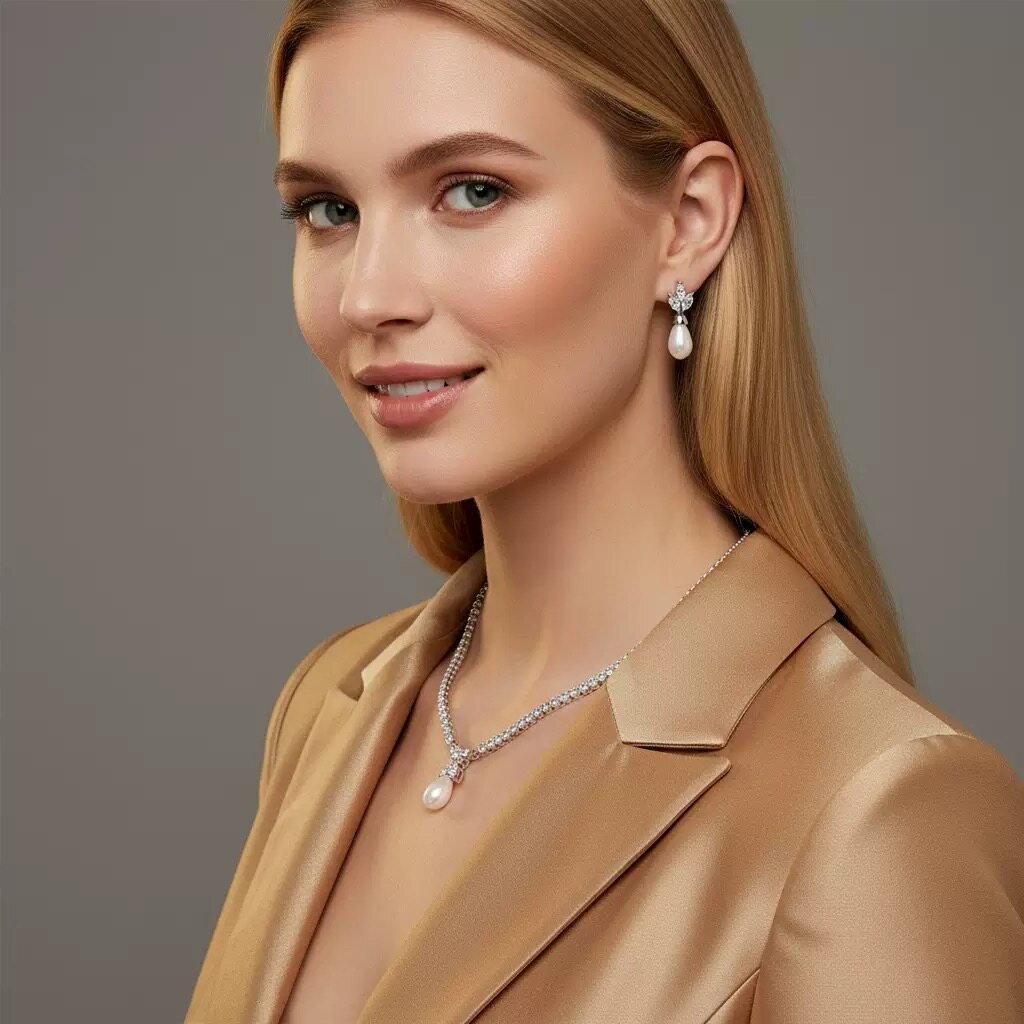 魔猫昭昭镀金镶嵌锆石银色轻奢珍珠项链新娘结婚礼服首饰婚纱绿色