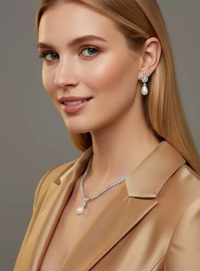 魔猫昭昭镀金镶嵌锆石银色轻奢珍珠项链新娘结婚礼服首饰婚纱绿色