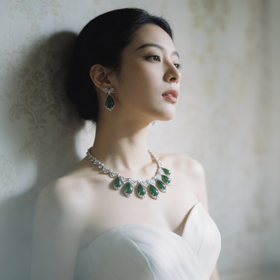 法式复古祖母绿锆石项链女水滴形新娘晚宴礼服婚纱颈链显瘦锁骨链