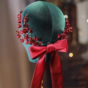 森系酒红色蝴蝶结花朵仙美新娘晚礼中式秀禾敬酒服头饰新中式套装