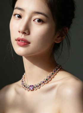 法式轻奢彩色宝石花朵项链女玫瑰金紫色晚宴礼服新娘锁骨链高级感