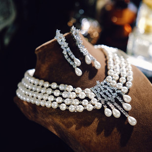 法式复古多层赫本风珍珠项链新娘主婚纱晚礼服配饰奢华大气choker