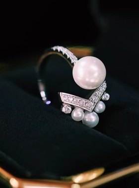 925纯银冠冕珍珠结婚婚礼求婚拍摄道具开口戒指女可调节小众设计