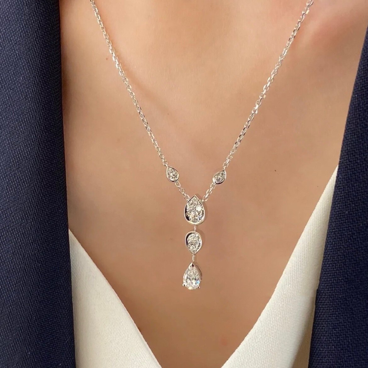 S925纯银经典一滴泪水流苏项链女轻奢高级感镀18K金满钻水滴吊坠