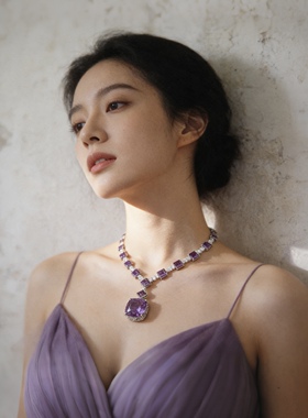 紫色水晶锆石项链女轻奢重工吊坠新娘紫色礼服婚纱锁骨链法式复古