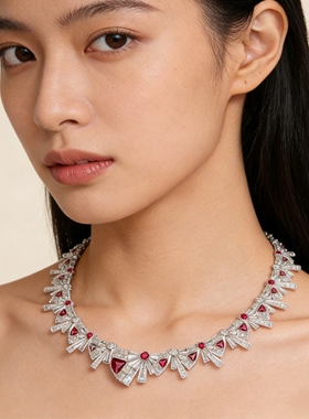 法式奢华高级感扇形红宝石祖母绿新娘晚宴礼服项链小众设计感配饰