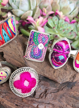 21新款老绣戒指百搭风民族风绣花复古苗银开口戒指中国风首饰