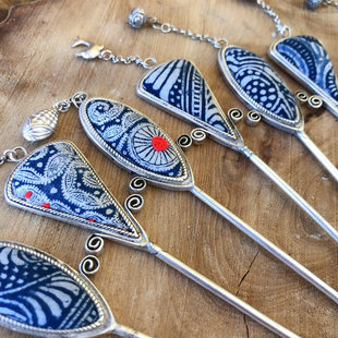 民族复古风手工蜡染苗银发饰汉服配饰流苏发簪