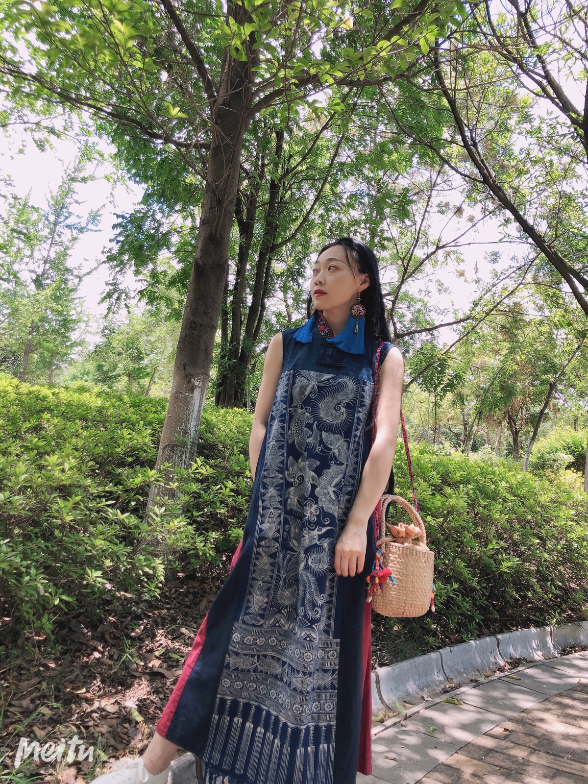 民族风蜡染连衣裙拼布长裙四季款背心裙显瘦修身复古拼接大摆裙