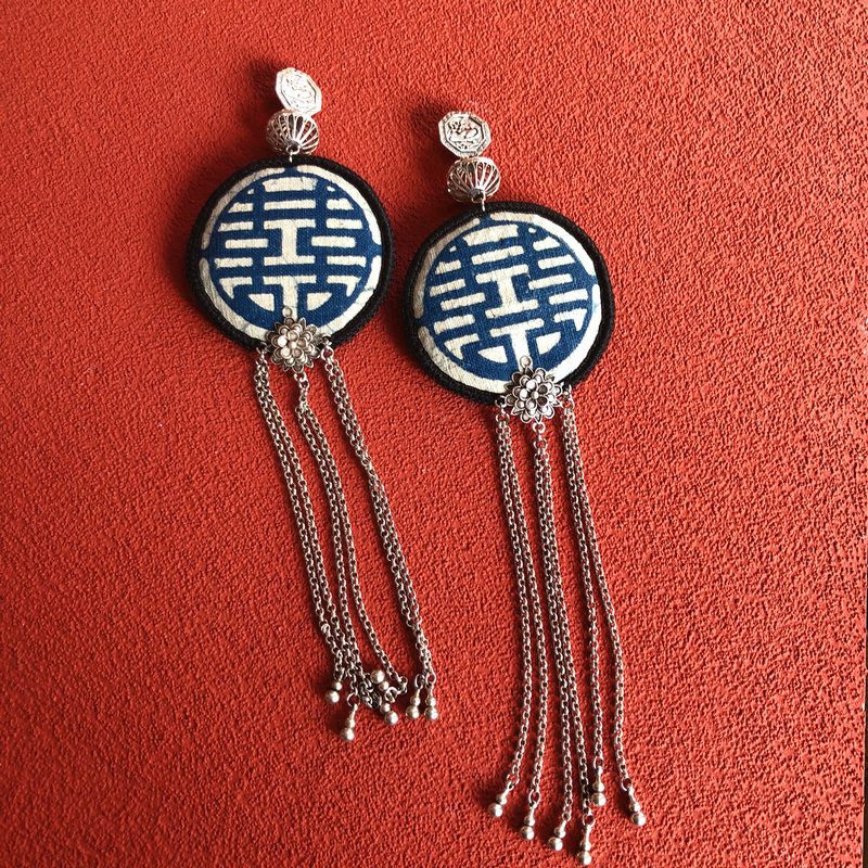 长款流苏项链蓝染喜字