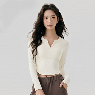 初春长袖瑜伽服女罗纹短款修身显瘦运动t恤带胸垫外穿健身服上衣