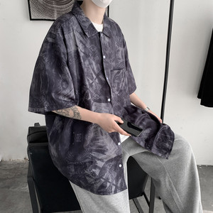 @港风2021夏季潮流印花男士短袖衬衣休闲宽松衬衫C35-P40控58图片