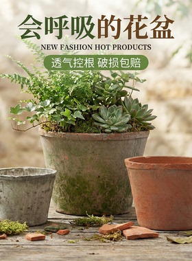 小矮筒粗陶花盆多肉陶盆复古透气陶土盆青山瓦盆家用陶瓷兰花红陶