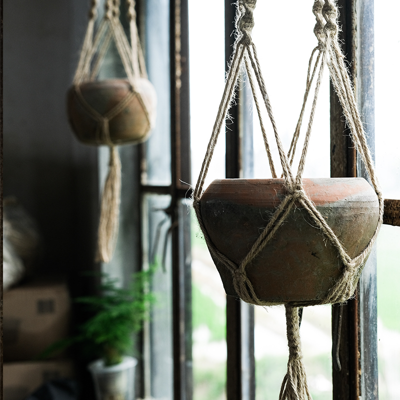 悬挂式花盆手工红陶吊绳
