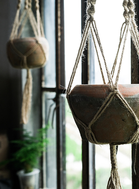 手工麻绳吊绳粗陶盆老式瓦盆悬挂式花盆复古红陶透气兰花绿萝编织