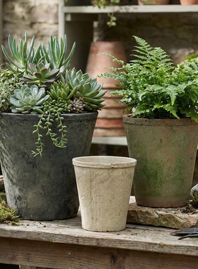 粗陶花盆复古瓦盆青山白陶盆多肉陶土盆黑色老式红陶家用陶瓷盆小