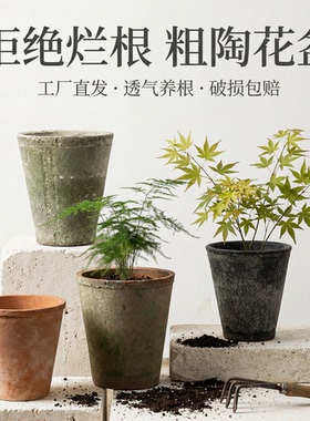 小高筒 透气粗陶红陶花盆手工迷你多肉瓦盆创意绿萝陶土兰花黑陶