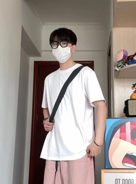 WHICHONE 简约日系夏季纯棉黑白纯色打底衫宽松圆领短袖T恤