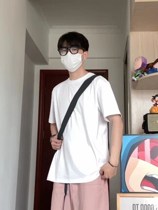 WHICHONE 简约日系夏季纯棉黑白纯色打底衫宽松圆领短袖T恤
