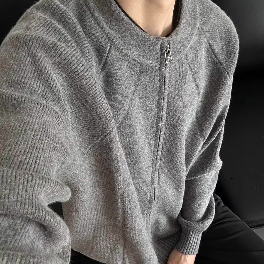WHICHONE美式复古圆领拉链针织开衫男休闲宽松慵懒风毛衣外套