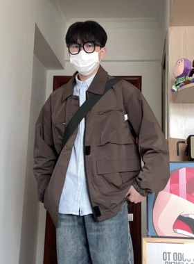 WHICHONE 日系春季机能咖色工装口袋翻领宽松夹克百搭外套