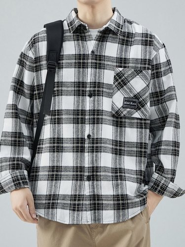 WHICHONE翻领干净格子长袖衬衫