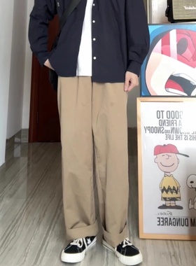 WHICHONE 日系春秋纯色直筒工装宽松中腰阔腿卡其色百搭休闲长裤