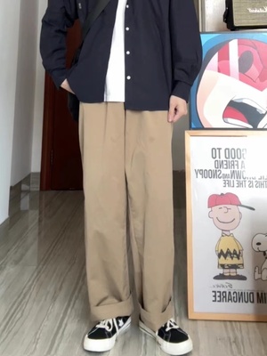 WHICHONE 日系春秋纯色直筒工装宽松中腰阔腿卡其色百搭休闲长裤